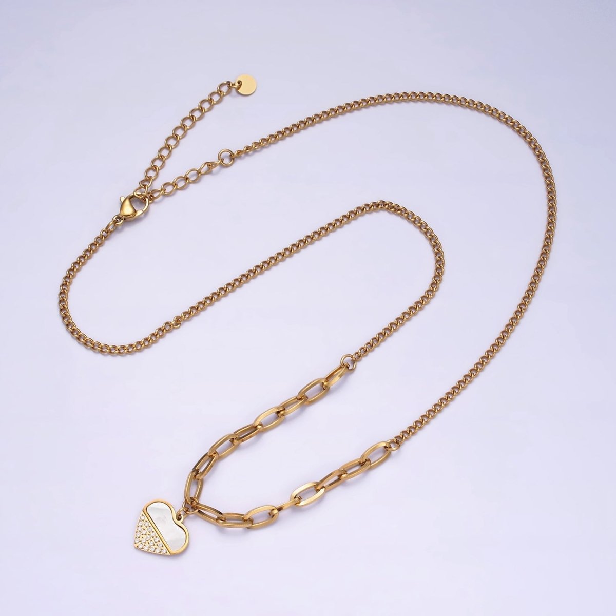 Stainless Steel Heart Micro Paved Shell Pearl Paperclip Curb 17 Inch Chain Necklace | WA-2052 Clearance Pricing