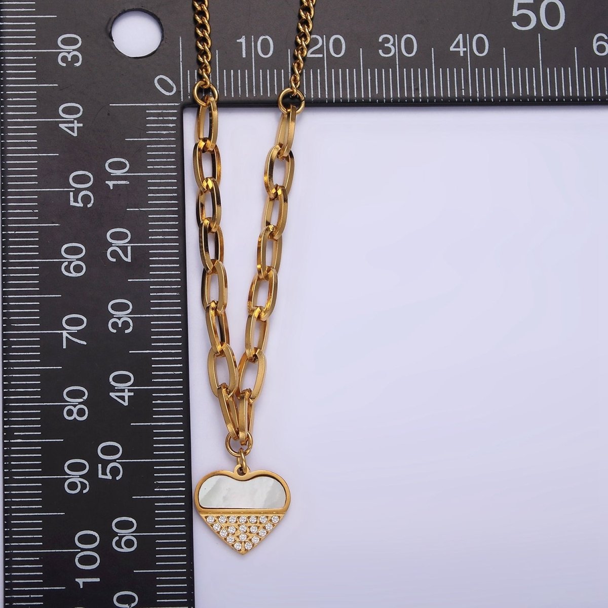 Stainless Steel Heart Micro Paved Shell Pearl Paperclip Curb 17 Inch Chain Necklace | WA-2052 Clearance Pricing