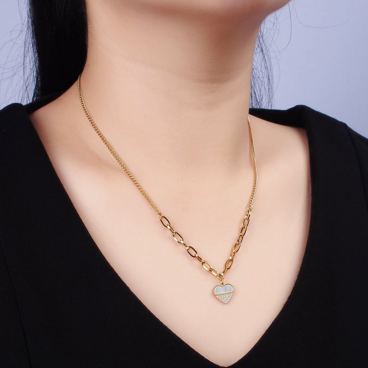 Stainless Steel Heart Micro Paved Shell Pearl Paperclip Curb 17 Inch Chain Necklace | WA-2052 Clearance Pricing