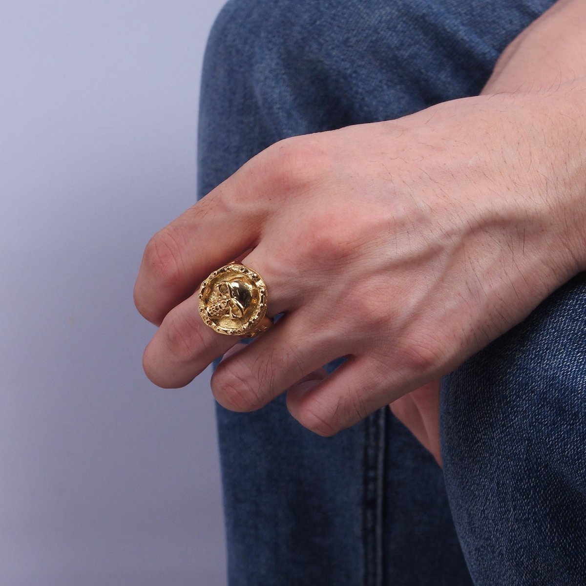 Stainless Steel Human Skull Skeleton Dotted Round Bolnisi Cross Signet Ring in Silver & Gold | O-716 ~ O-719 O-724 ~ O-727