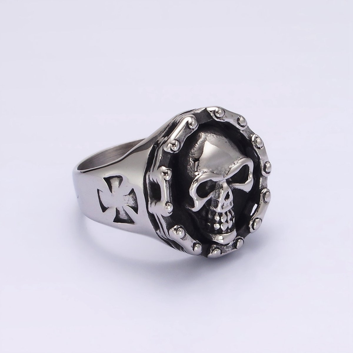 Stainless Steel Human Skull Skeleton Dotted Round Bolnisi Cross Signet Ring in Silver & Gold | O-716 ~ O-719 O-724 ~ O-727