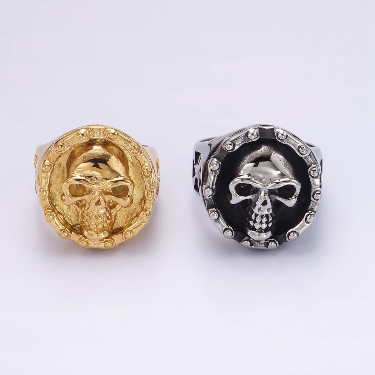 Stainless Steel Human Skull Skeleton Dotted Round Bolnisi Cross Signet Ring in Silver & Gold | O-716 ~ O-719 O-724 ~ O-727