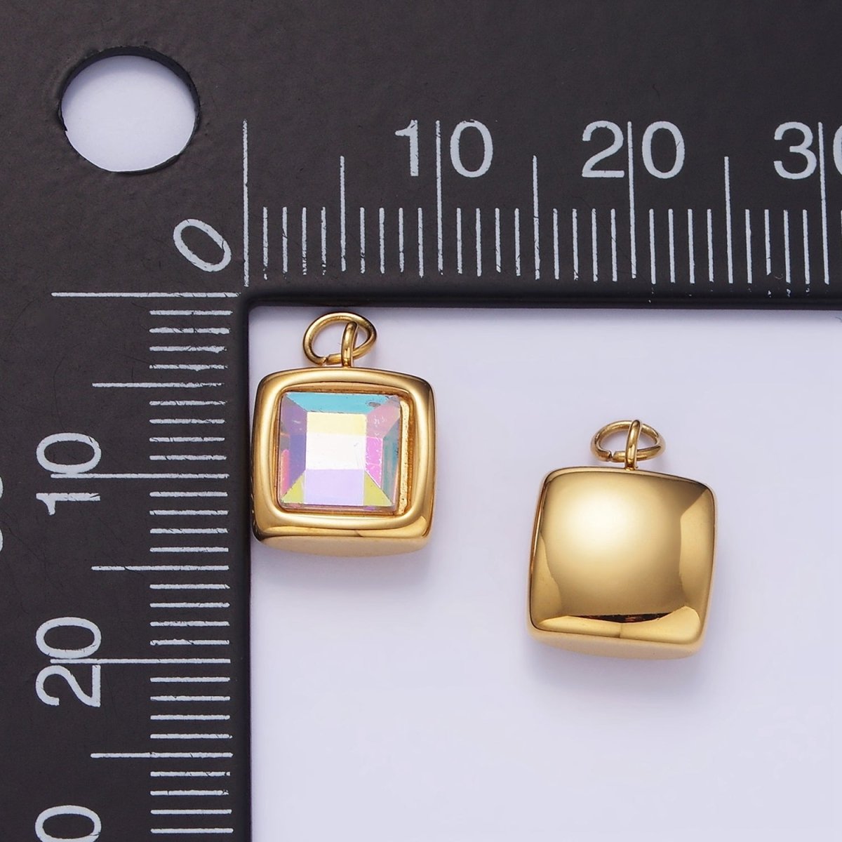 Stainless Steel Iridescent AB CZ Square Bezel Charm | P983