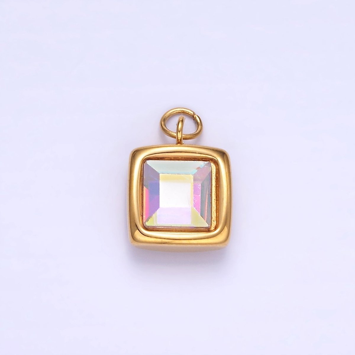 Stainless Steel Iridescent AB CZ Square Bezel Charm | P983