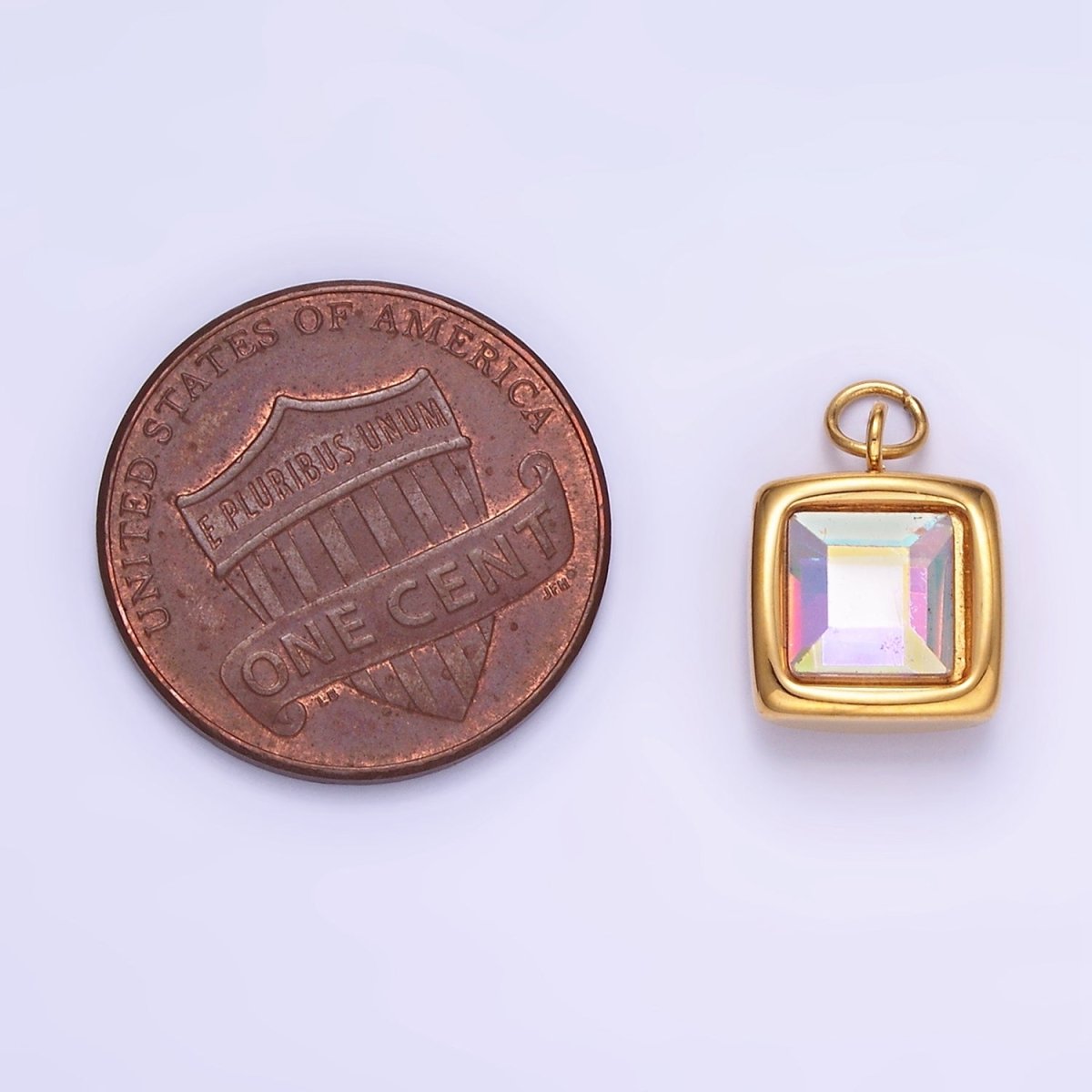 Stainless Steel Iridescent AB CZ Square Bezel Charm | P983