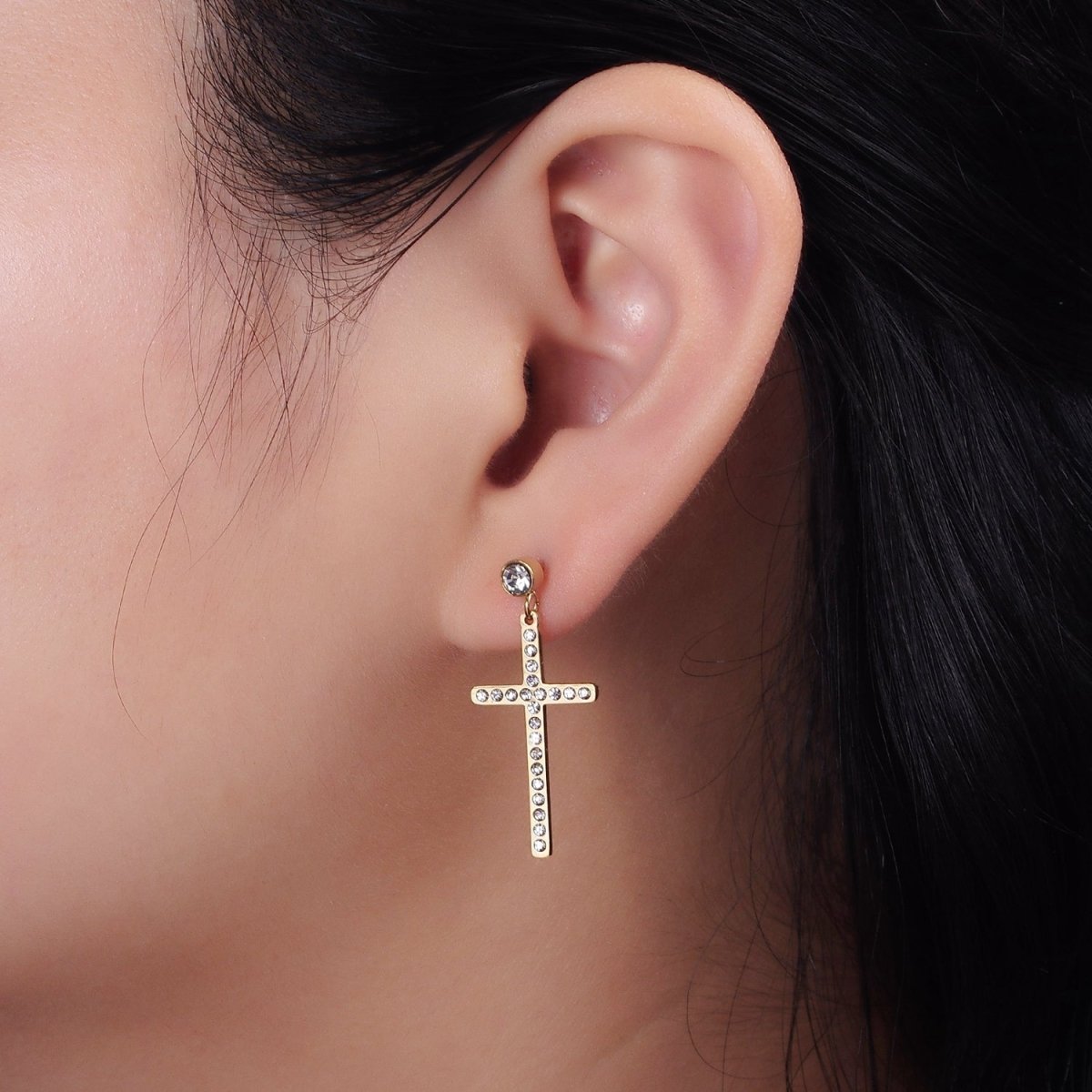 Stainless Steel Latin Cross Drop Clear CZ Stud Earrings | AE718