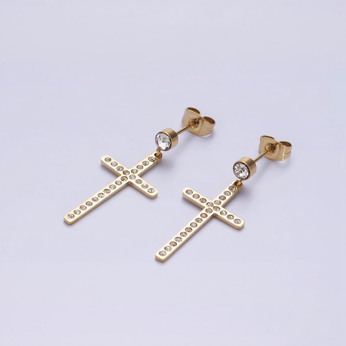 Stainless Steel Latin Cross Drop Clear CZ Stud Earrings | AE718