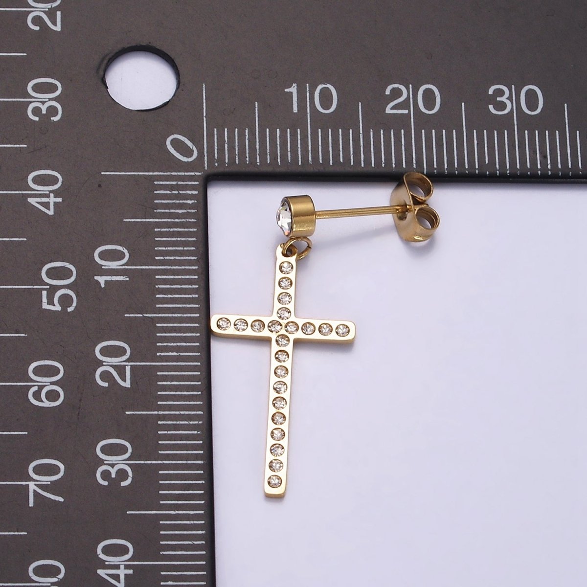 Stainless Steel Latin Cross Drop Clear CZ Stud Earrings | AE718