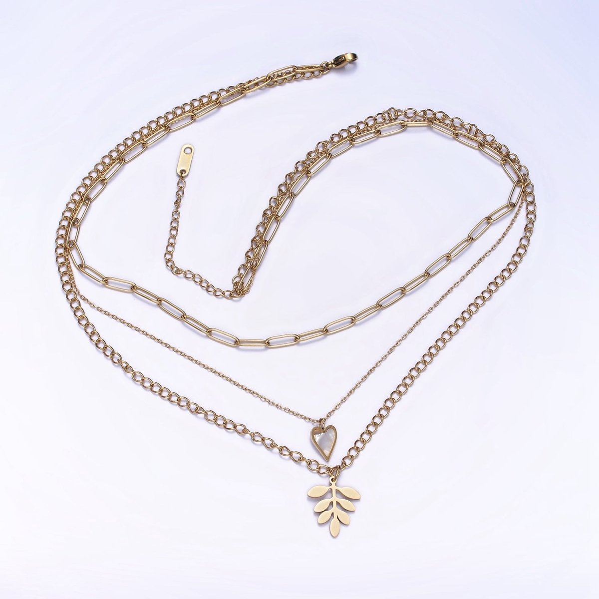 Stainless Steel Leaf Heart Shell Pearl Curb Cable Paperclip Triple Layer Stack Necklace | WA-2070 Clearance Pricing