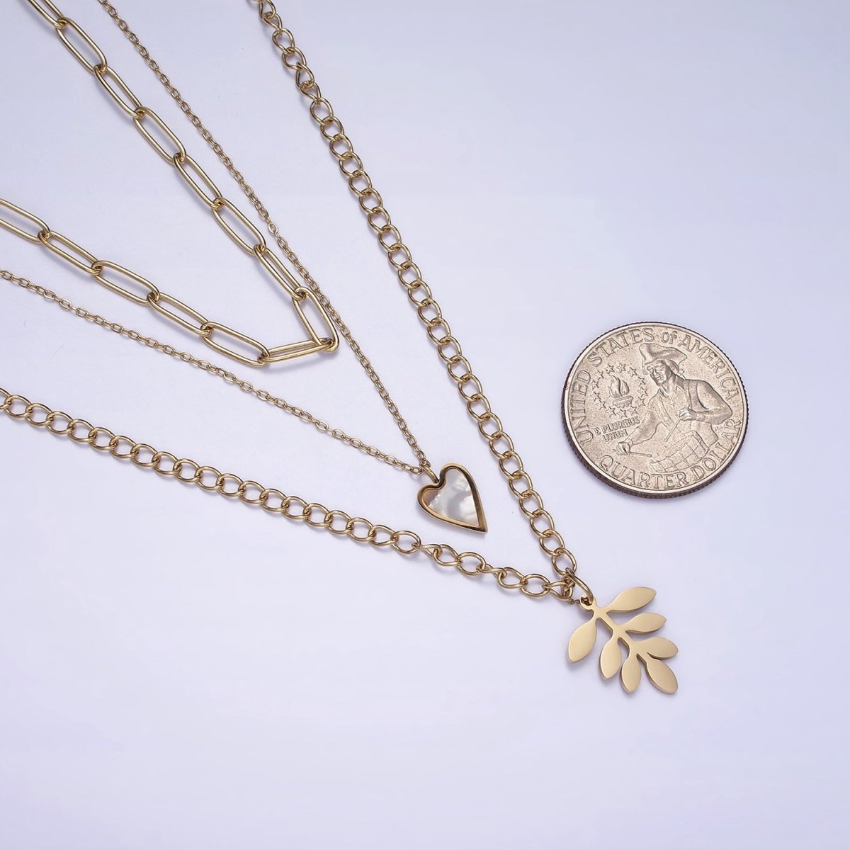 Stainless Steel Leaf Heart Shell Pearl Curb Cable Paperclip Triple Layer Stack Necklace | WA-2070 Clearance Pricing