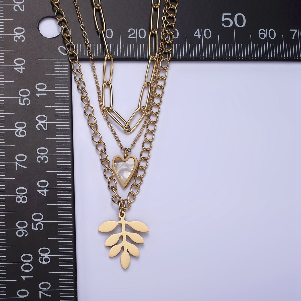 Stainless Steel Leaf Heart Shell Pearl Curb Cable Paperclip Triple Layer Stack Necklace | WA-2070 Clearance Pricing