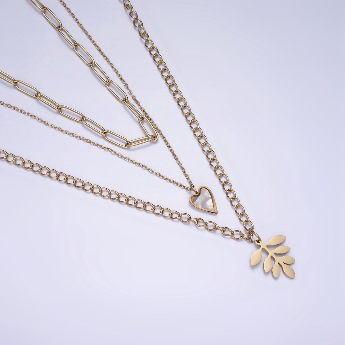 Stainless Steel Leaf Heart Shell Pearl Curb Cable Paperclip Triple Layer Stack Necklace | WA-2070 Clearance Pricing