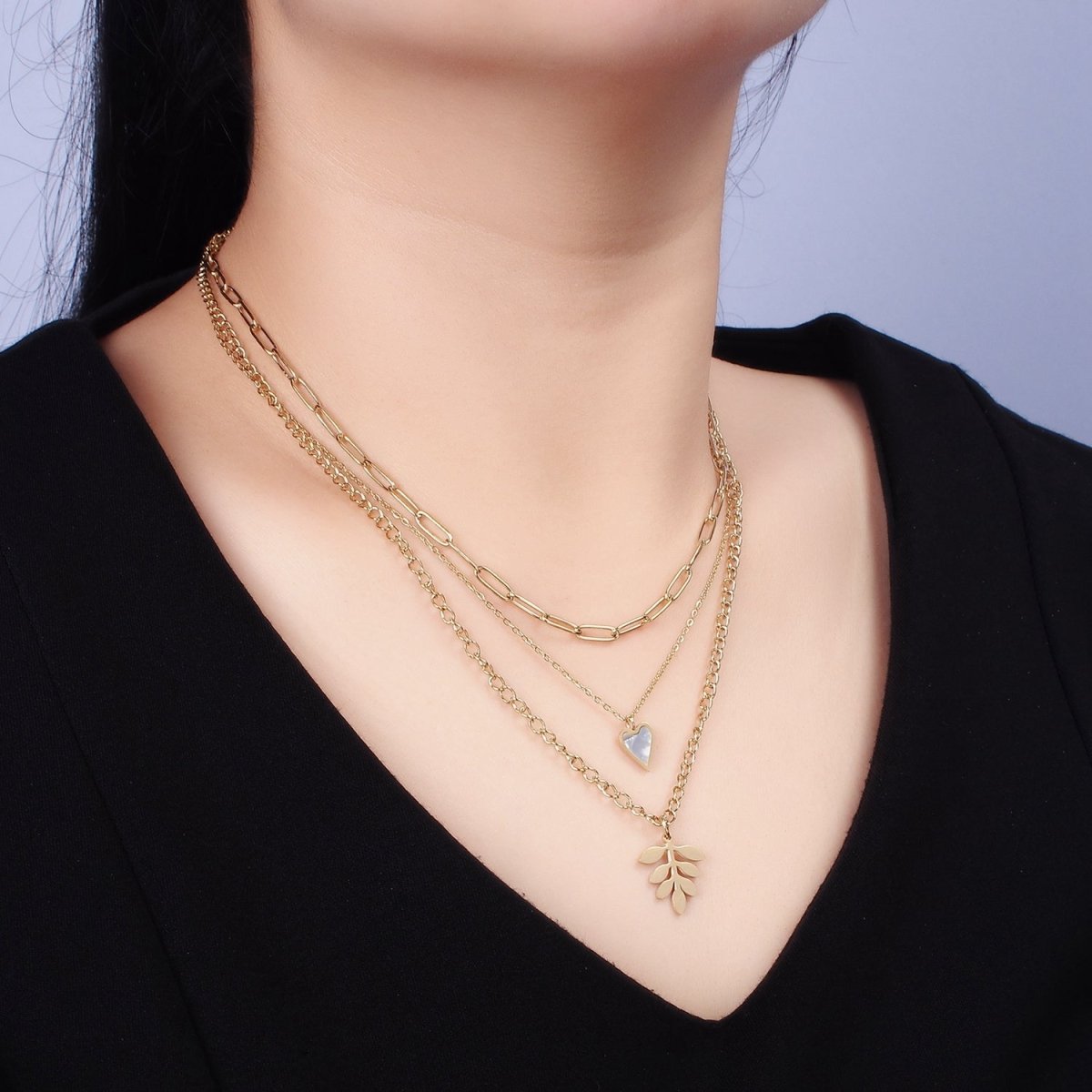 Stainless Steel Leaf Heart Shell Pearl Curb Cable Paperclip Triple Layer Stack Necklace | WA-2070 Clearance Pricing