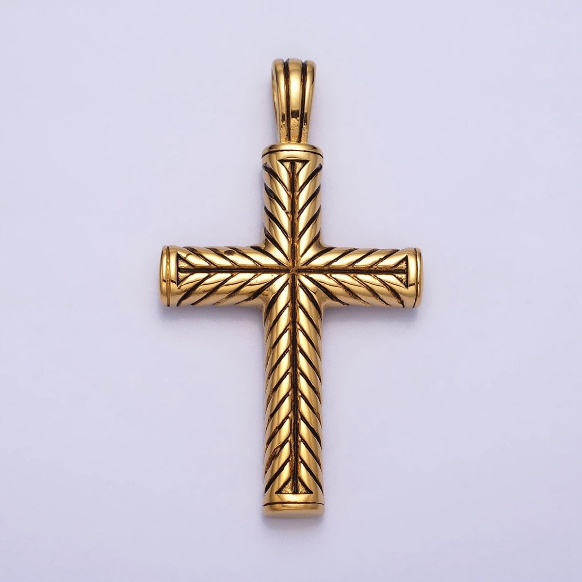 Stainless Steel Line-Engraved Religious Cross 55mm Gold Pendant | P-1162