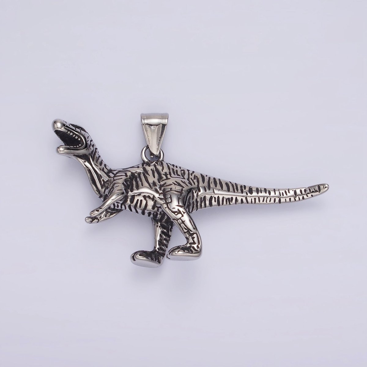 Stainless Steel Line-Textured Raptor Dinosaur Animal Pendant | P1193