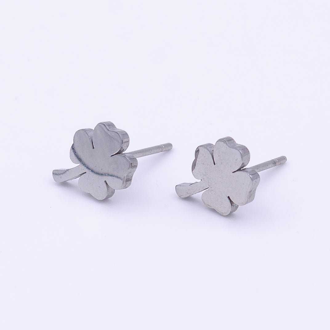 Stainless Steel Lucky Clover Leaf Quatrefoil Silver Stud Earrings | AD-244