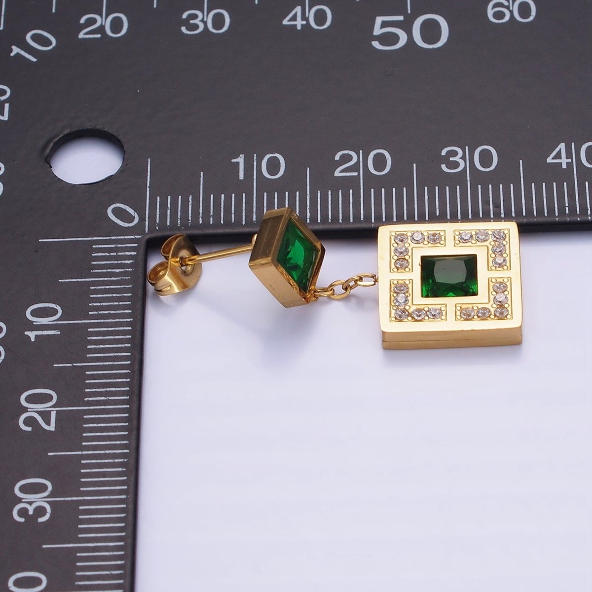 Stainless Steel Micro Paved CZ Green Square Drop Stud Earrings | AE468
