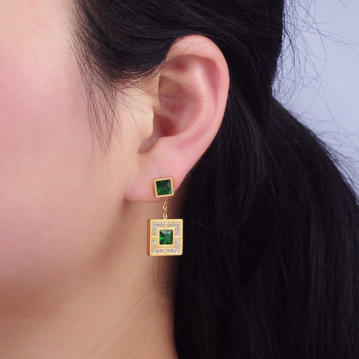 Stainless Steel Micro Paved CZ Green Square Drop Stud Earrings | AE468