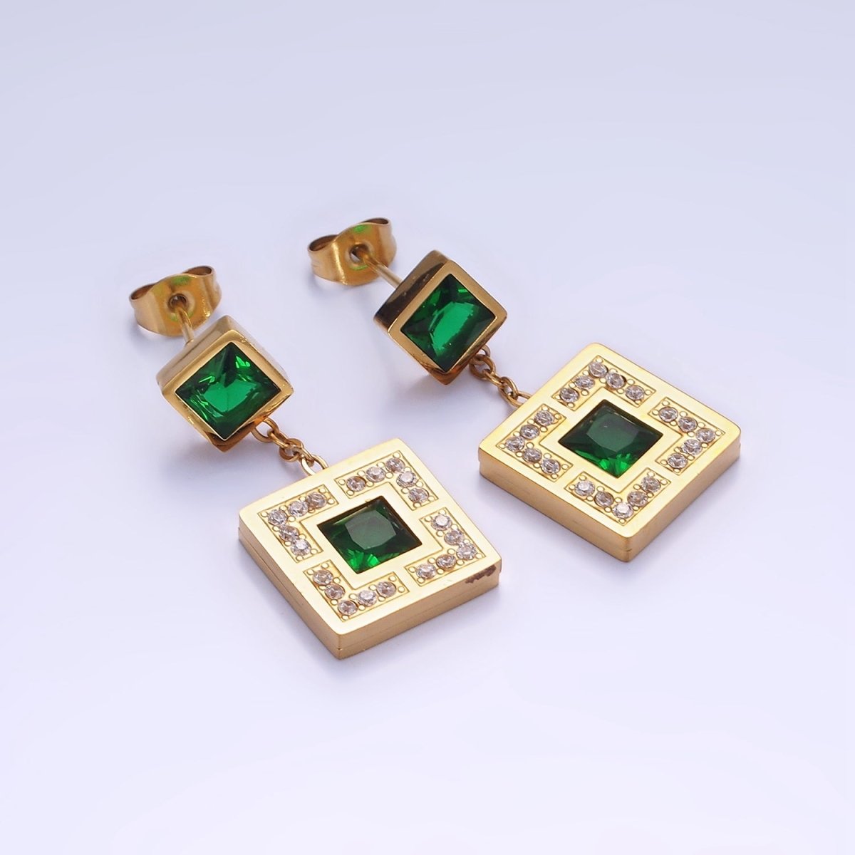 Stainless Steel Micro Paved CZ Green Square Drop Stud Earrings | AE468