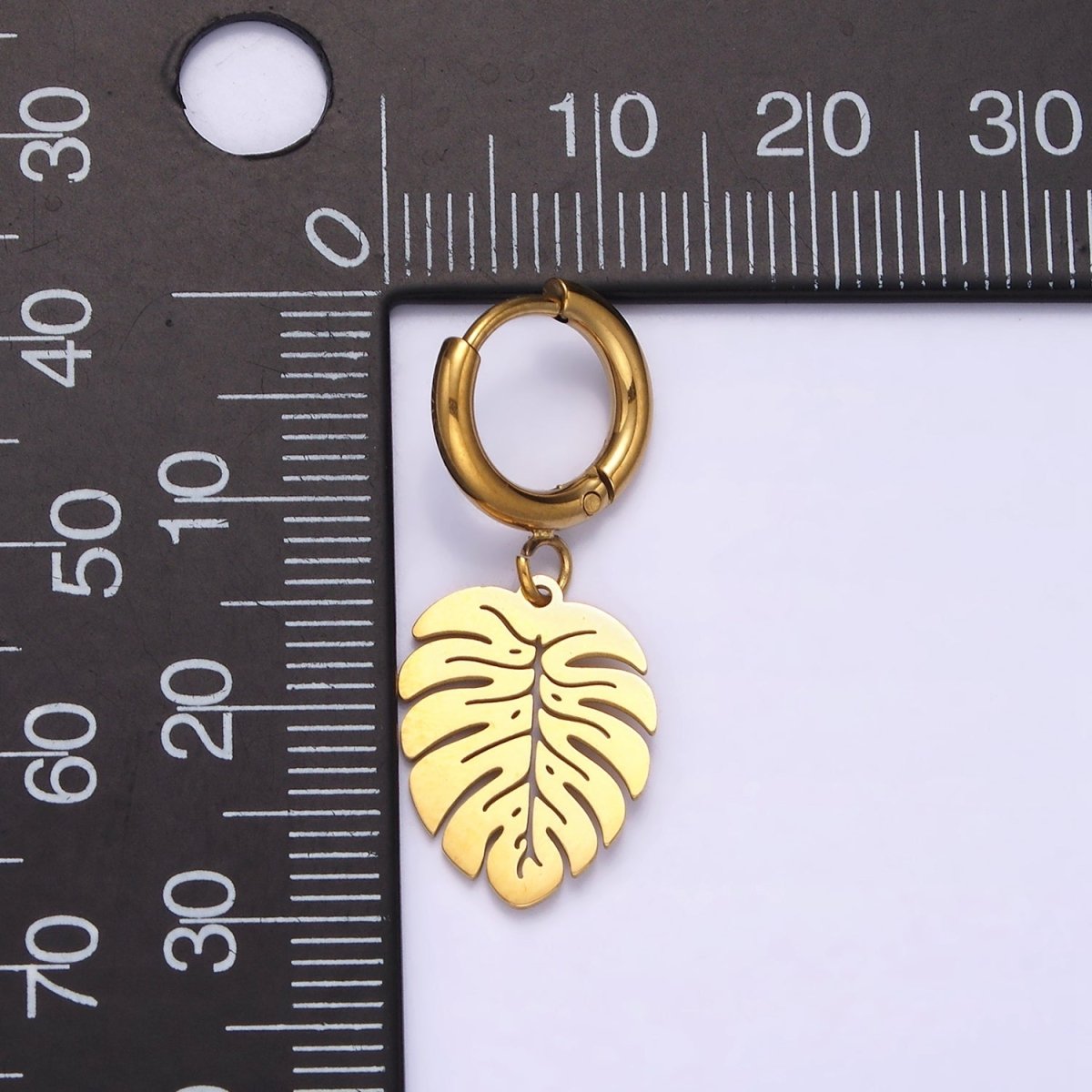 Stainless Steel Monstera Palm Leaf Drop Huggie Earrings | AE705
