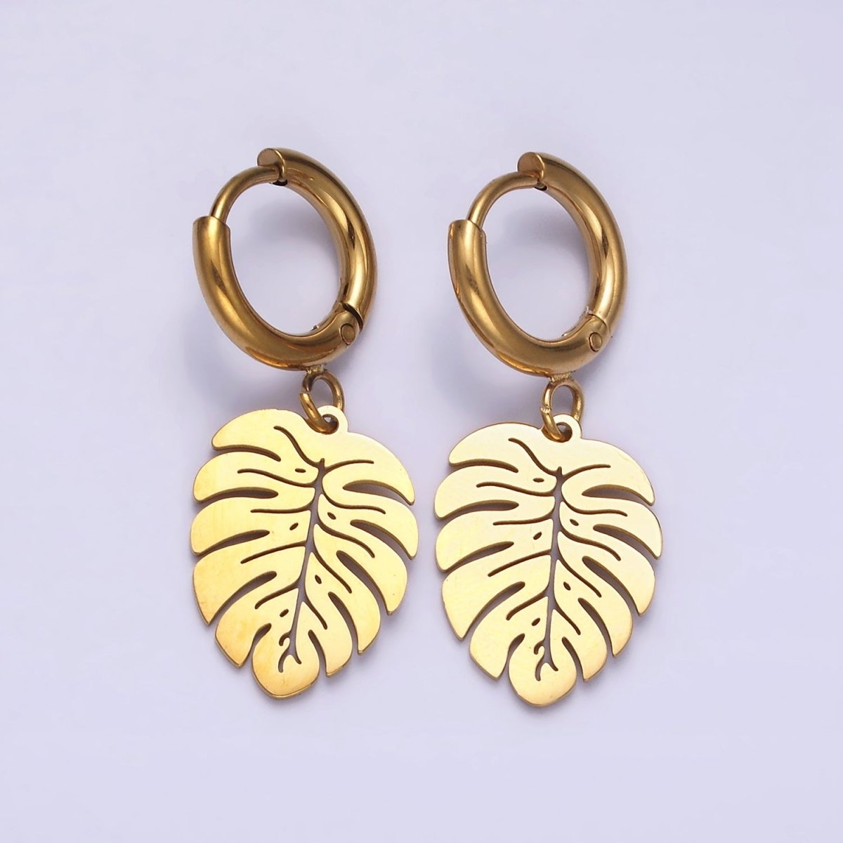 Stainless Steel Monstera Palm Leaf Drop Huggie Earrings | AE705