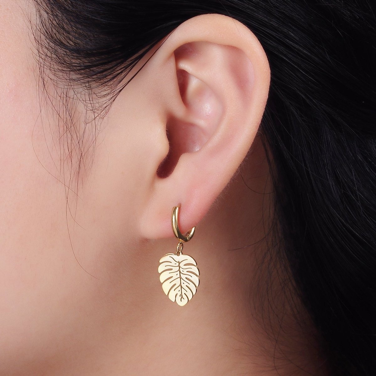 Stainless Steel Monstera Palm Leaf Drop Huggie Earrings | AE705