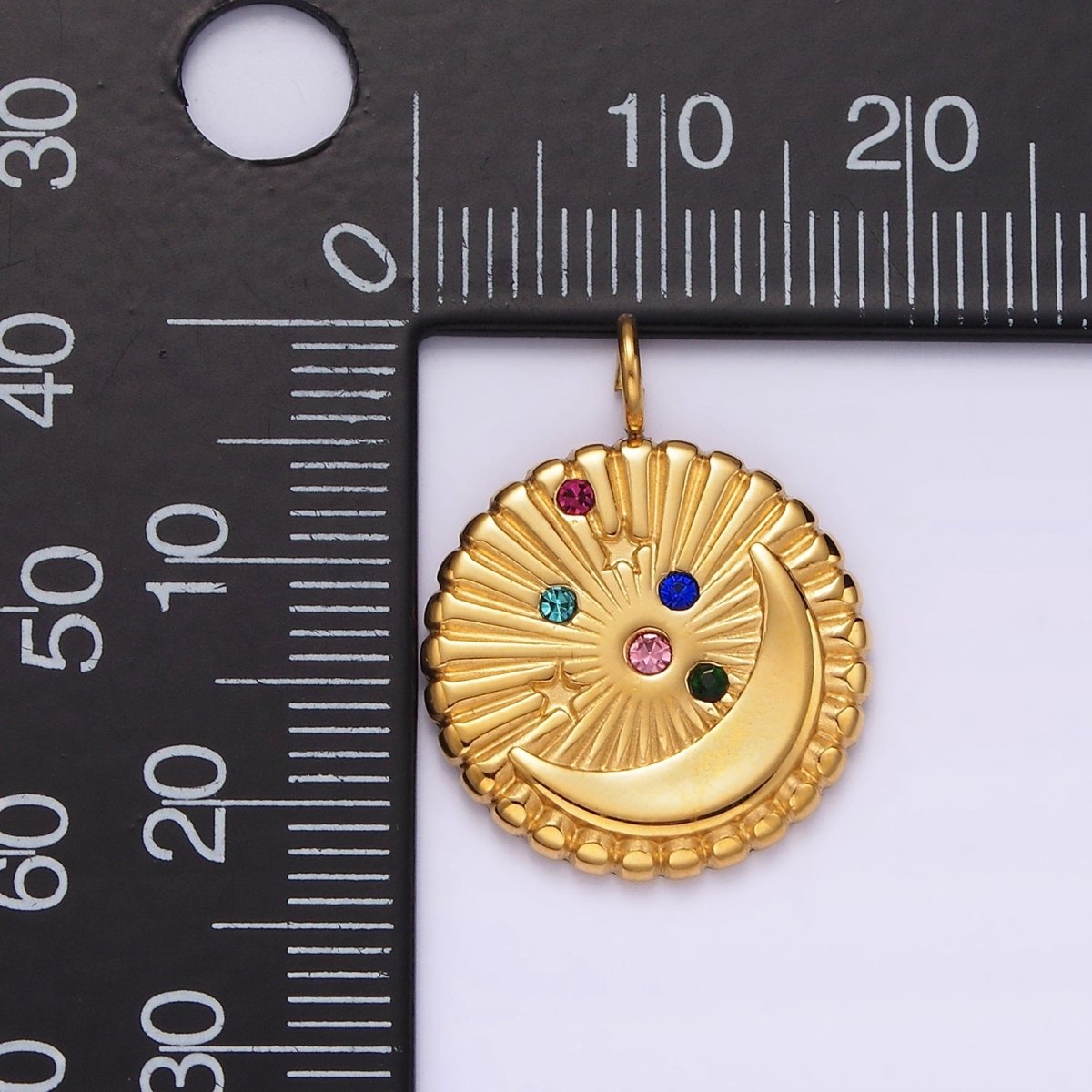 Stainless Steel Multicolor CZ Celestial Crescent Moon Star Sunburst Round Charm in Gold & Silver | P1280
