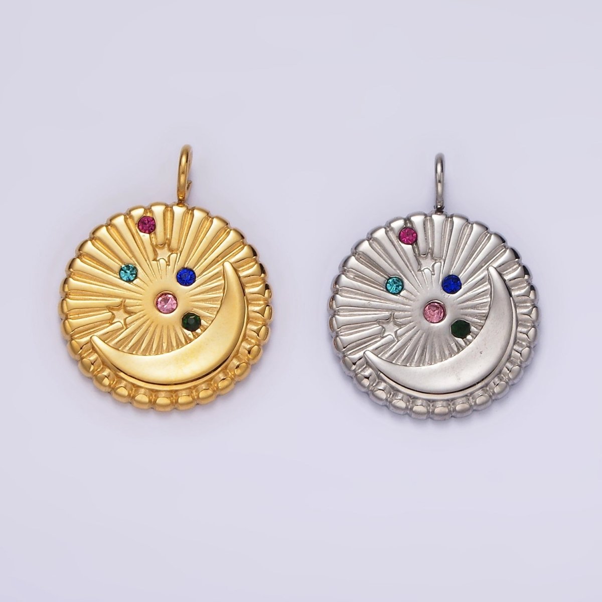 Stainless Steel Multicolor CZ Celestial Crescent Moon Star Sunburst Round Charm in Gold & Silver | P1280