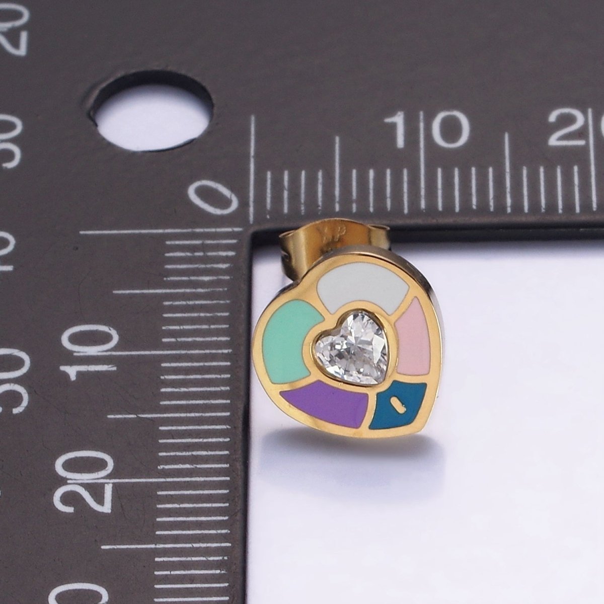 Stainless Steel Multicolor Enamel CZ Heart Stud Earrings | V502