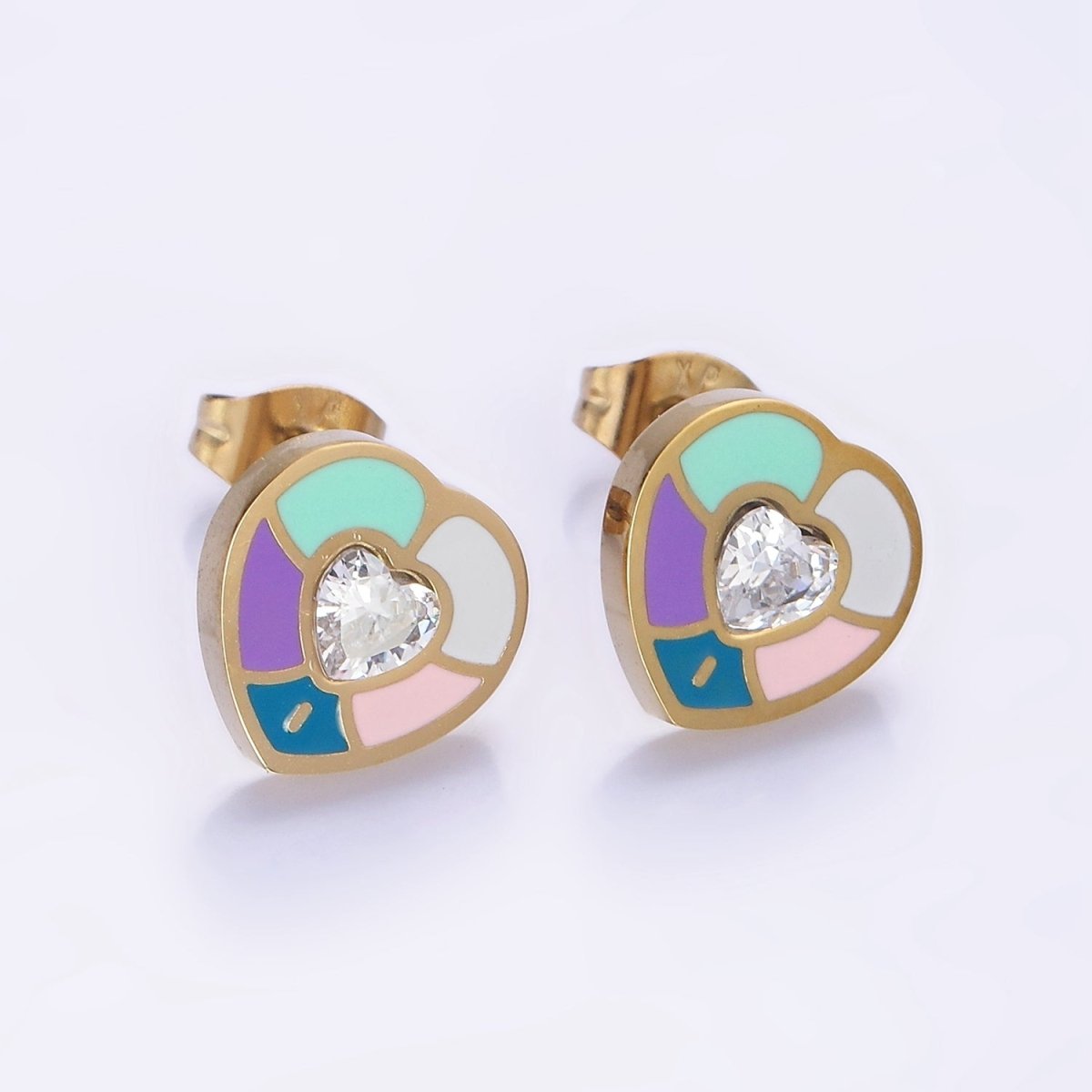 Stainless Steel Multicolor Enamel CZ Heart Stud Earrings | V502