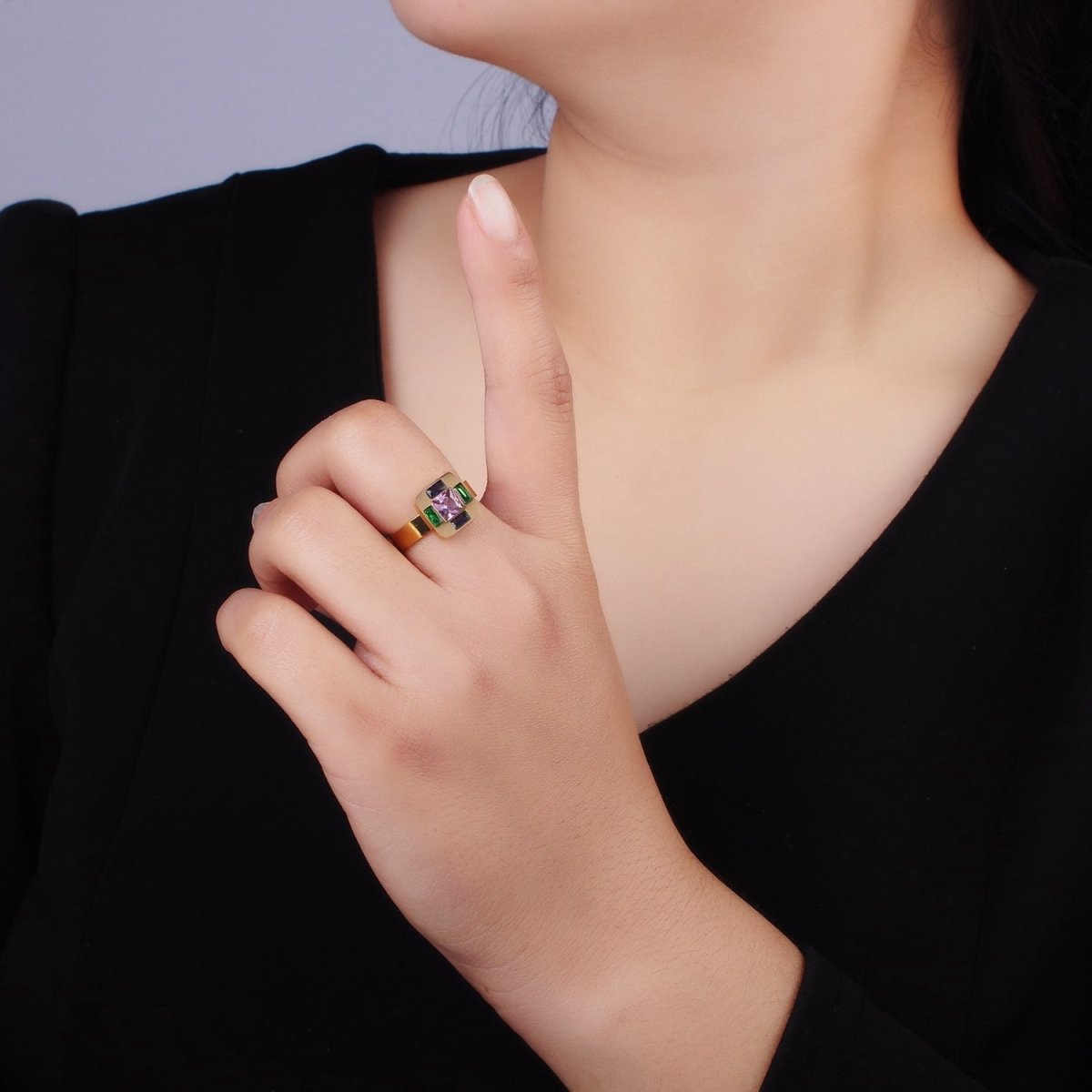 Stainless Steel Multiple Multicolor CZ Baguette Square Ring | O1301