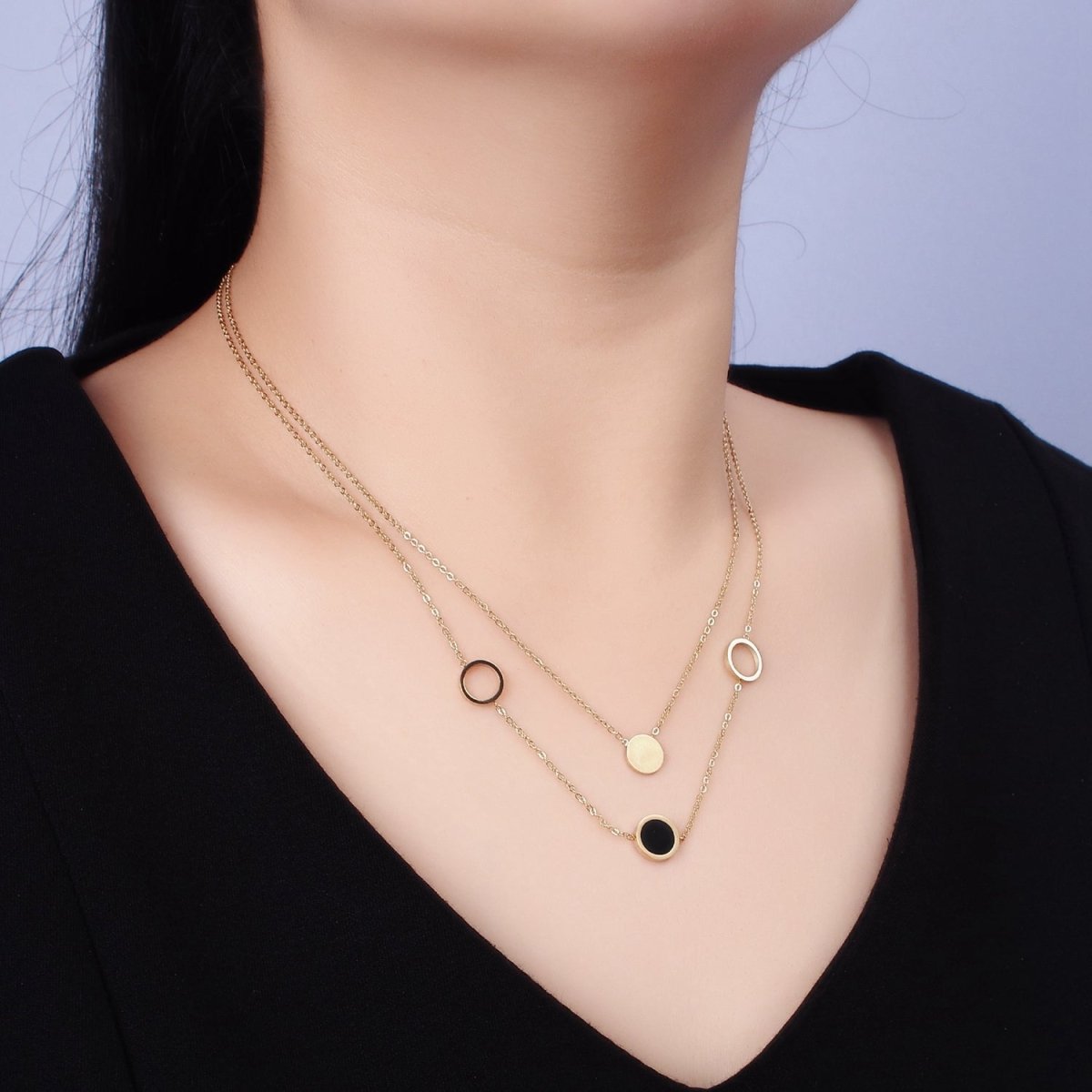 Stainless Steel Multiple Round Circle Open Disc Cable Double Layer Stack Necklace | WA-2054 Clearance Pricing
