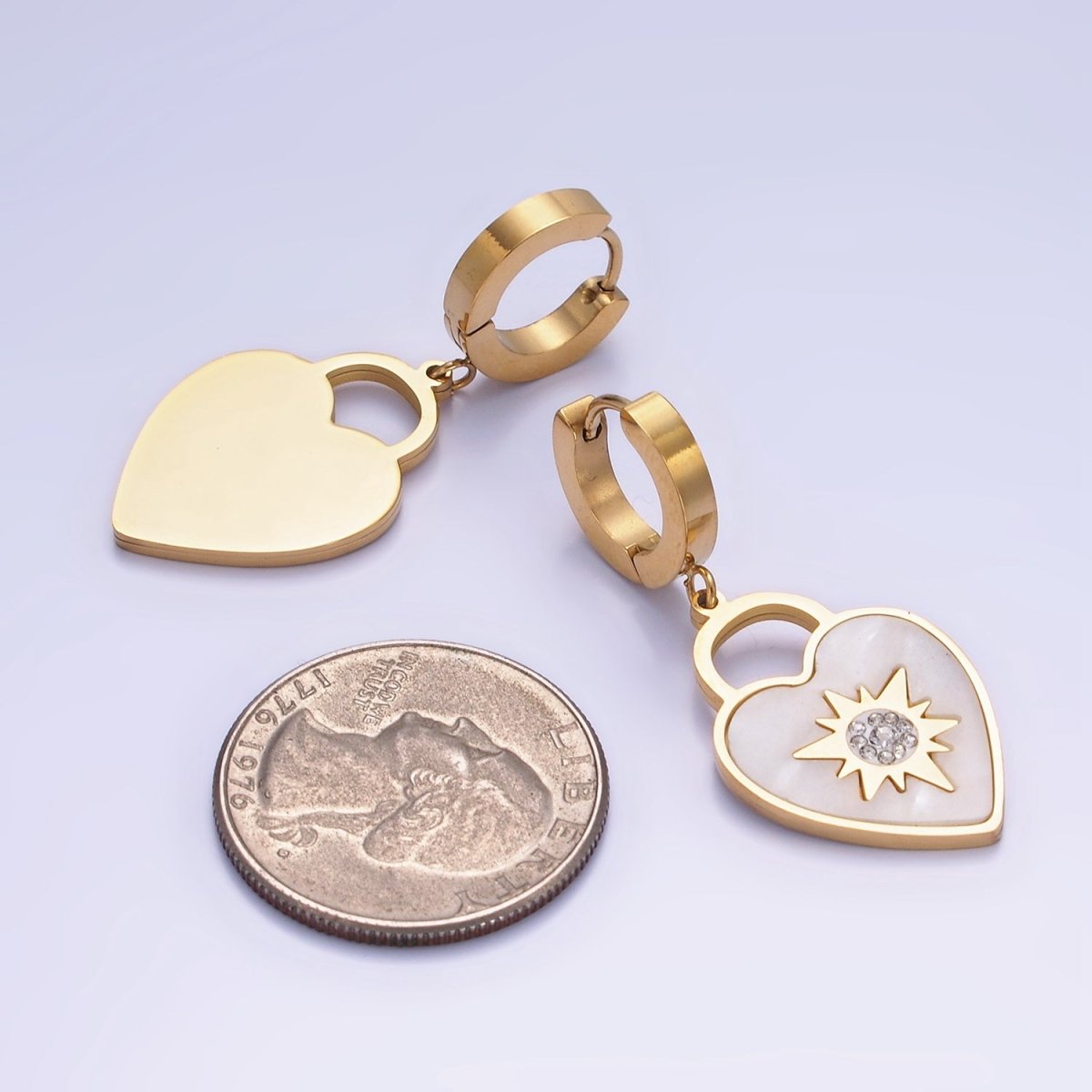 Stainless Steel North Star Celestial CZ Micro Paved Shell Pearl Heart Lock Drop Huggie Earrings | AE467