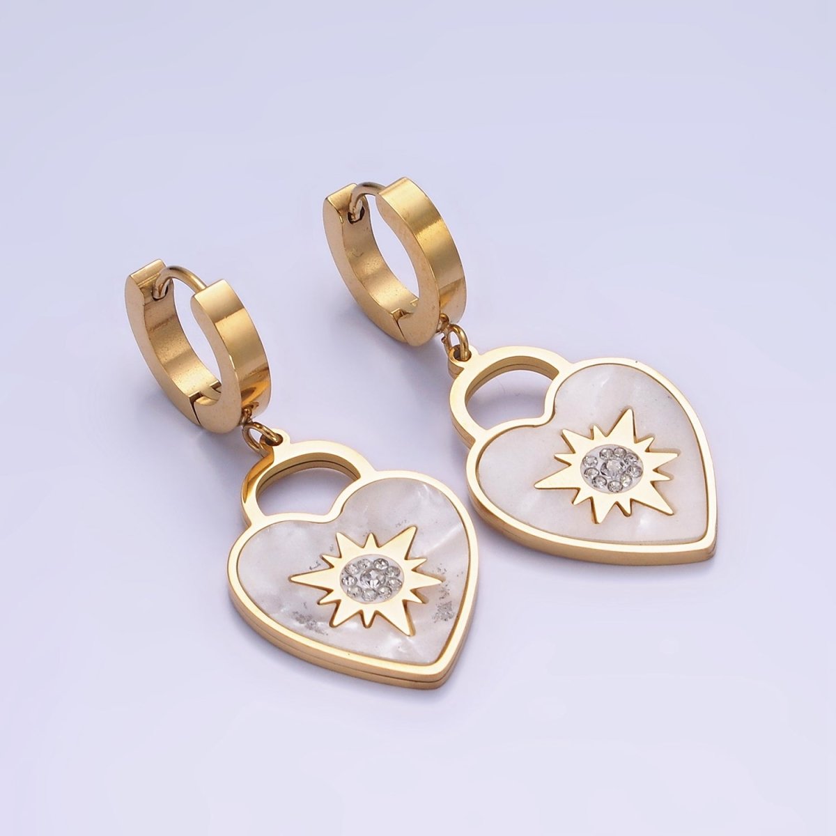 Stainless Steel North Star Celestial CZ Micro Paved Shell Pearl Heart Lock Drop Huggie Earrings | AE467