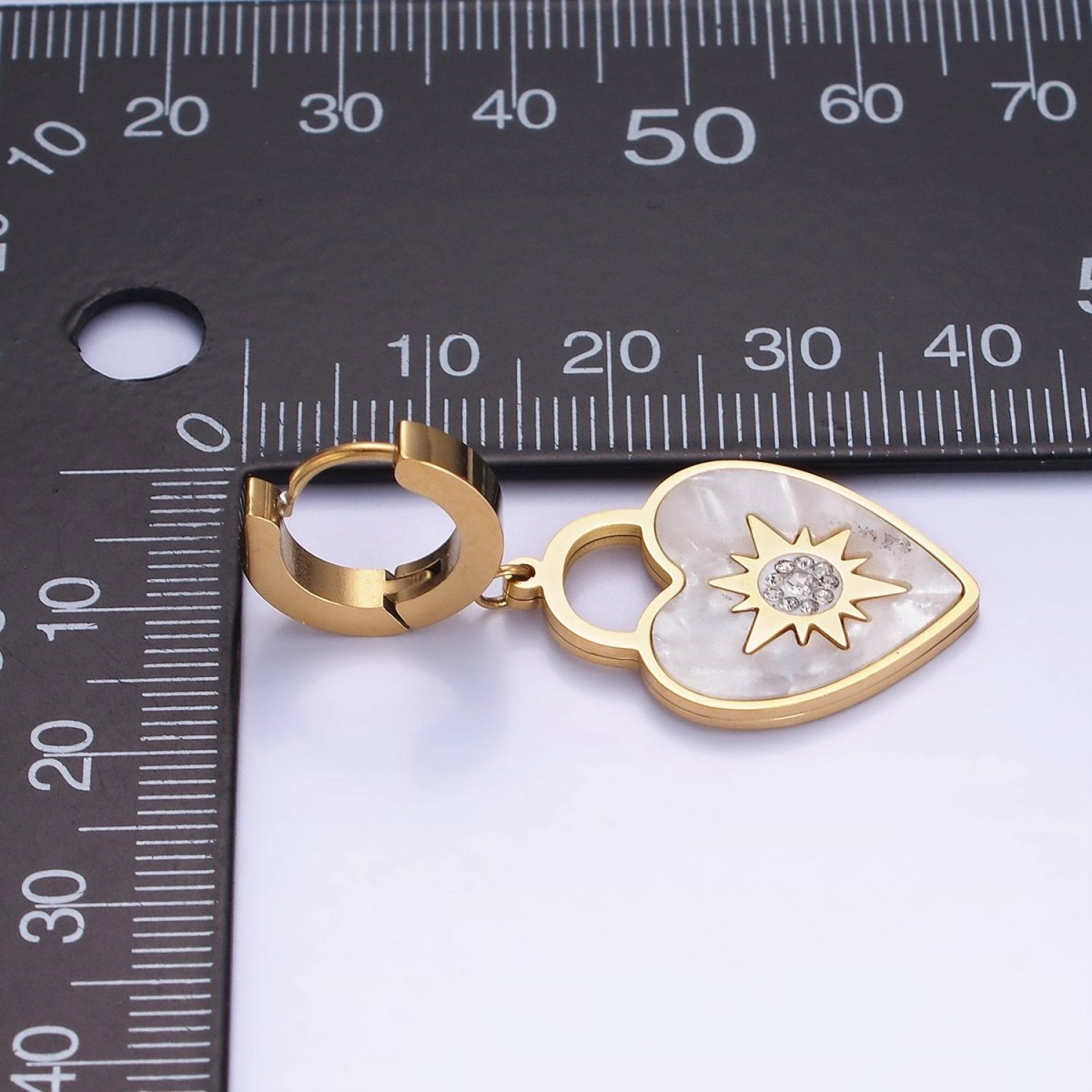 Stainless Steel North Star Celestial CZ Micro Paved Shell Pearl Heart Lock Drop Huggie Earrings | AE467