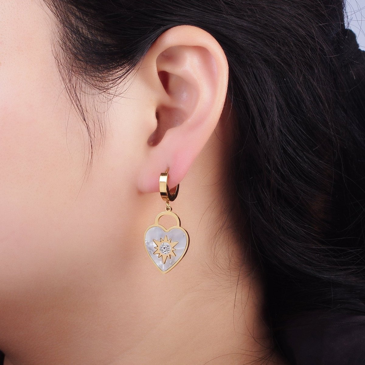 Stainless Steel North Star Celestial CZ Micro Paved Shell Pearl Heart Lock Drop Huggie Earrings | AE467