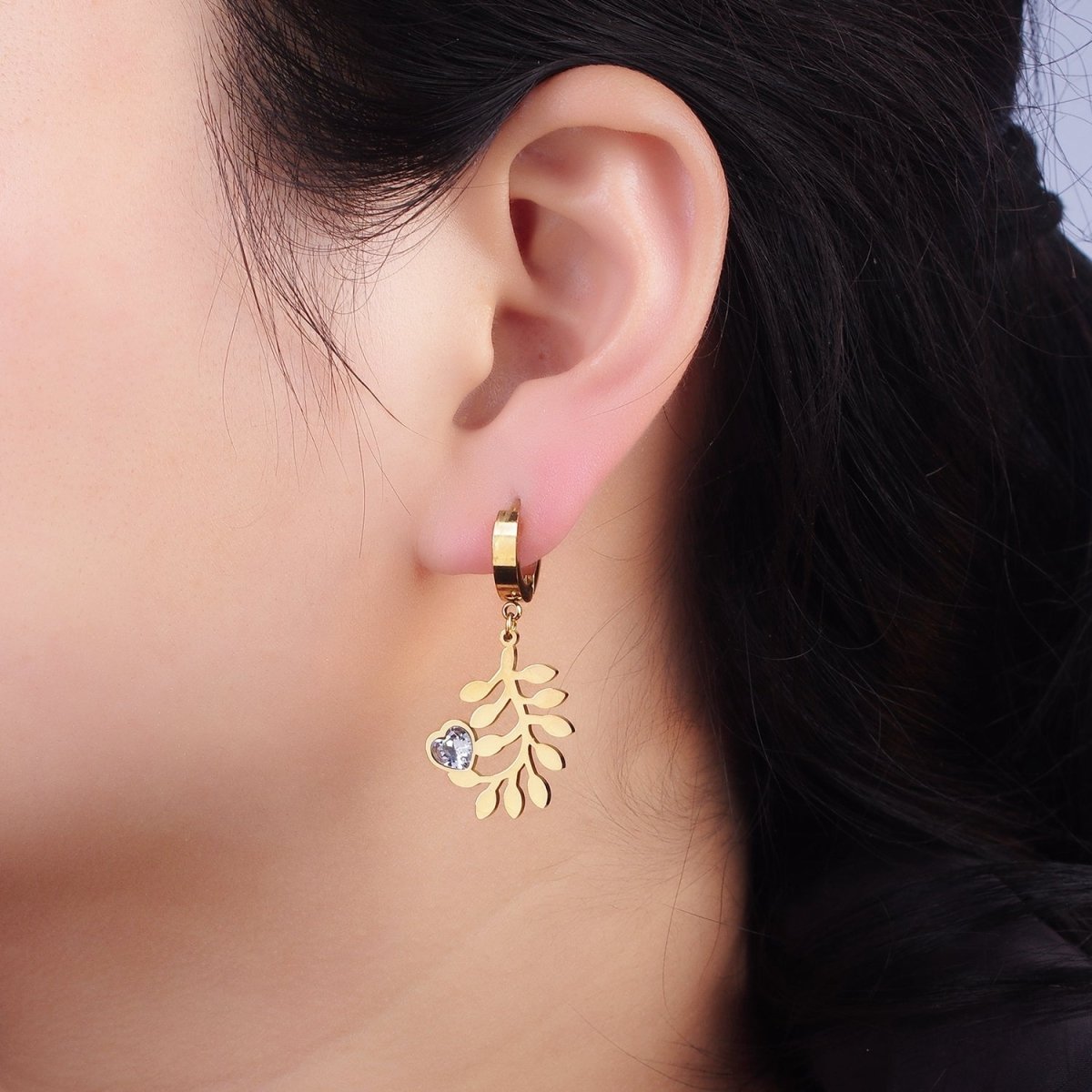 Stainless Steel Olive Leaf Nature Heart CZ Drop Huggie Earrings Set | AE466
