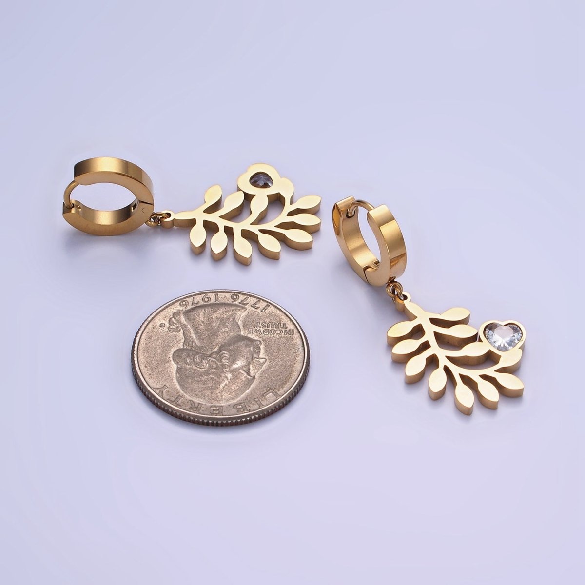 Stainless Steel Olive Leaf Nature Heart CZ Drop Huggie Earrings Set | AE466
