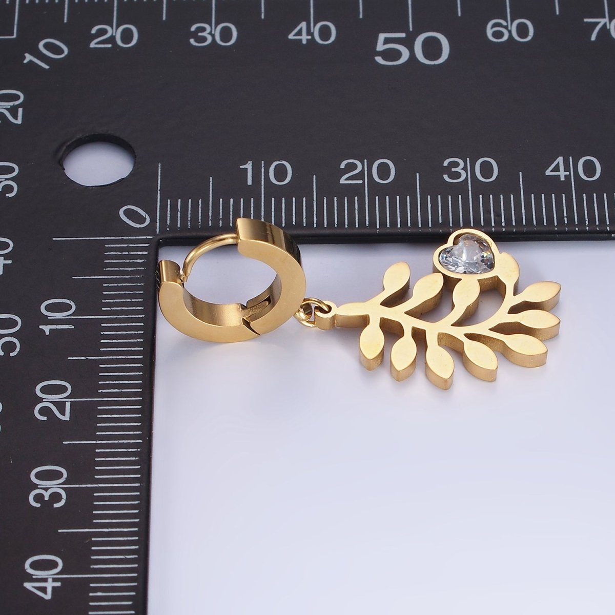 Stainless Steel Olive Leaf Nature Heart CZ Drop Huggie Earrings Set | AE466