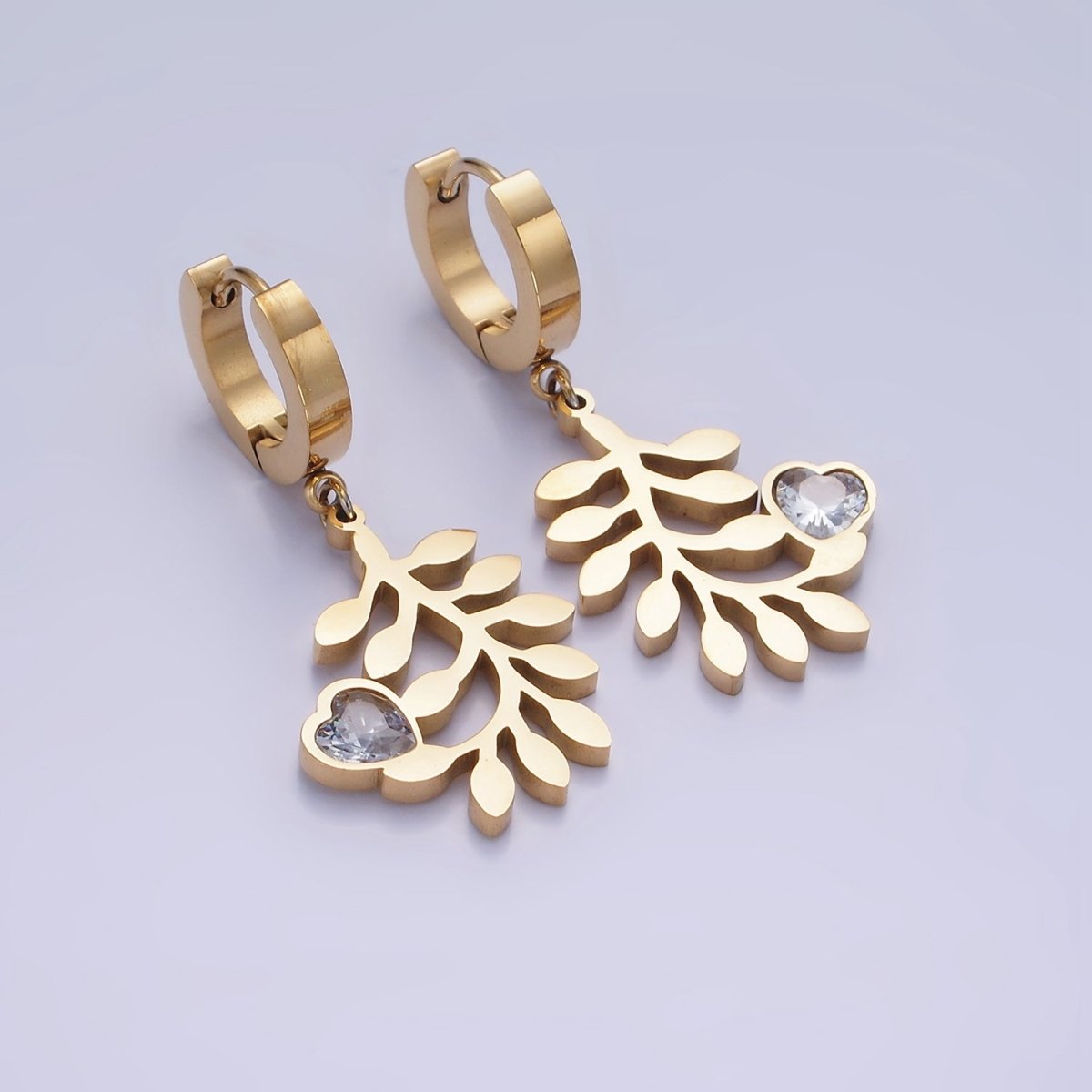 Stainless Steel Olive Leaf Nature Heart CZ Drop Huggie Earrings Set | AE466