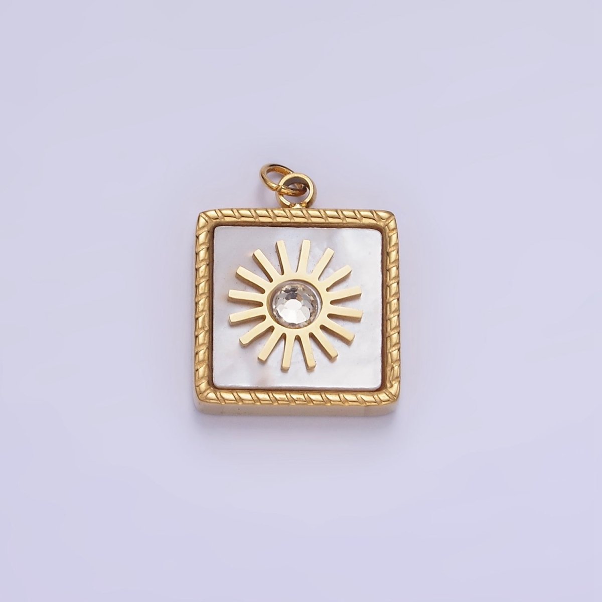 Stainless Steel Onyx, Shell Pearl CZ Celestial Sun Square Charm | P947
