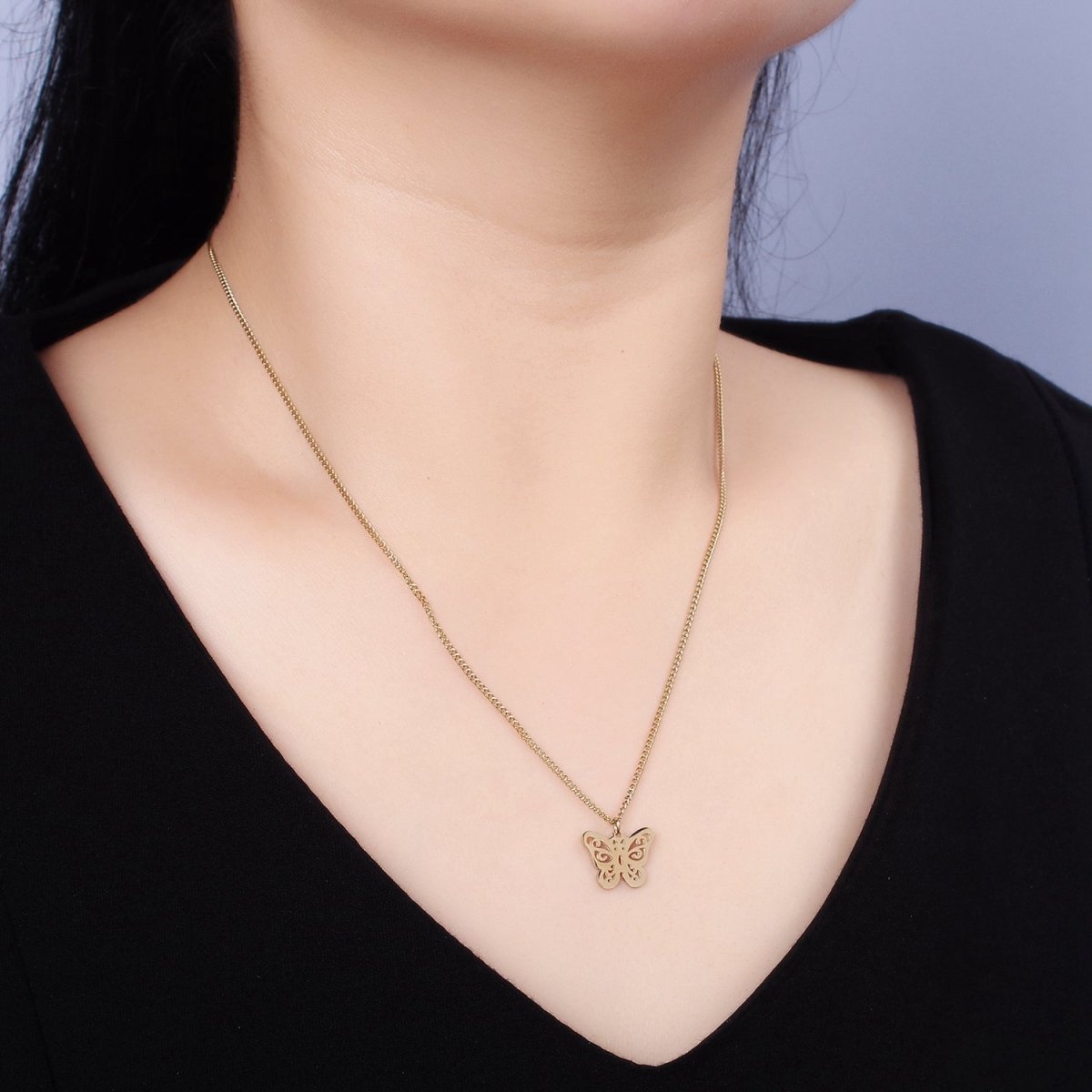 Stainless Steel Open Butterfly Charm 17 Inch Curb Chain Necklace | WA-2047 Clearance Pricing