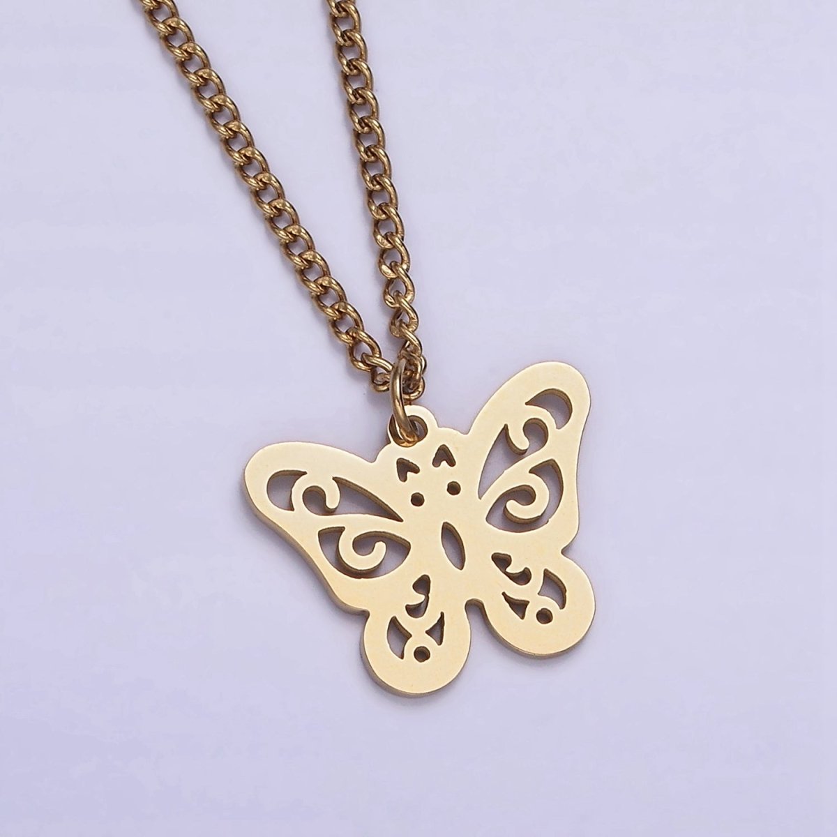Stainless Steel Open Butterfly Charm 17 Inch Curb Chain Necklace | WA-2047 Clearance Pricing