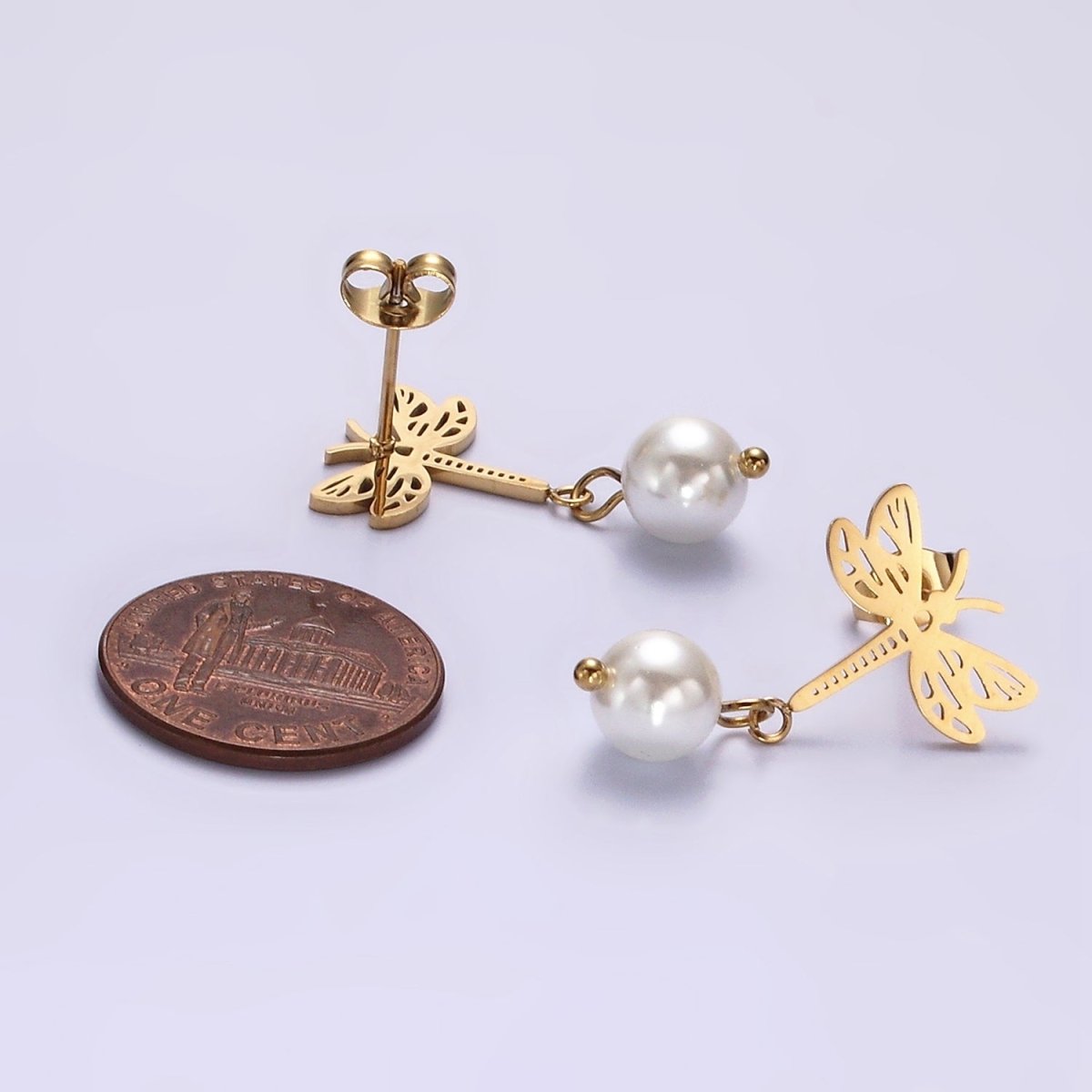 Stainless Steel Open Dragonfly Insect Animal Pearl Drop Stud Earrings | V045