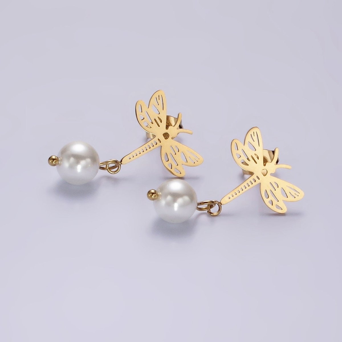 Stainless Steel Open Dragonfly Insect Animal Pearl Drop Stud Earrings | V045