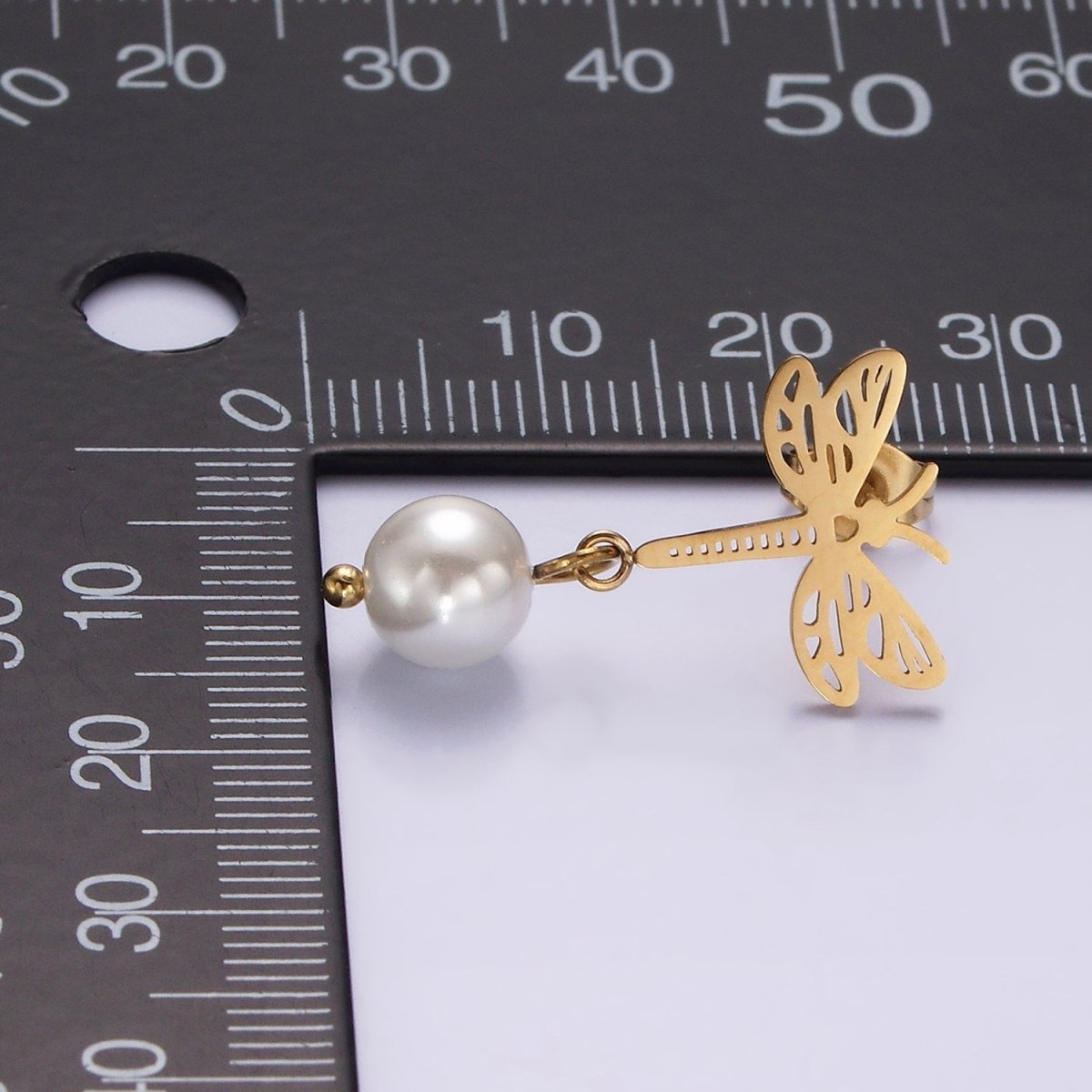 Stainless Steel Open Dragonfly Insect Animal Pearl Drop Stud Earrings | V045