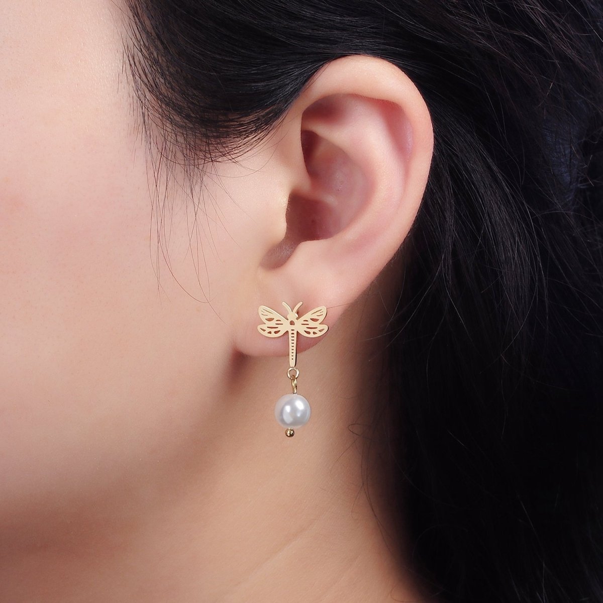 Stainless Steel Open Dragonfly Insect Animal Pearl Drop Stud Earrings | V045