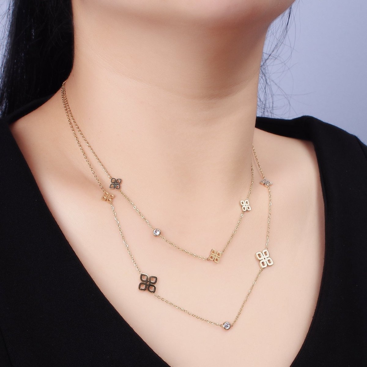 Stainless Steel Open Multiple Quatrefoil Double Clear CZ Cable Double Layer Chain Stack Necklace | WA-2069 Clearance Pricing