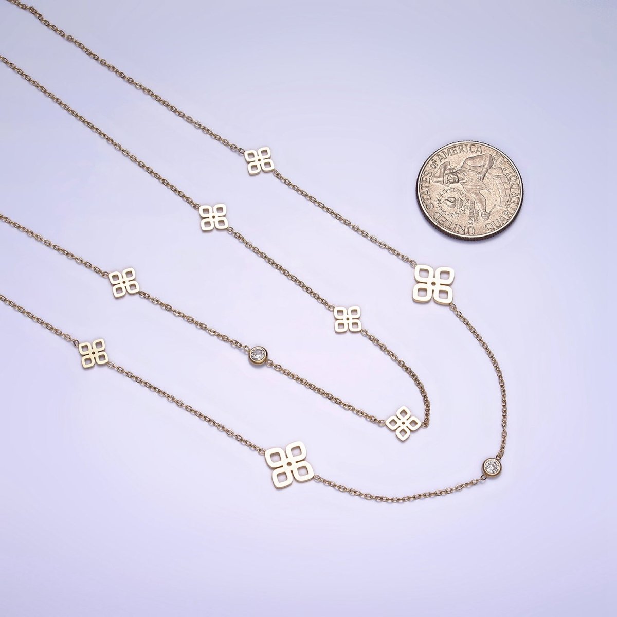 Stainless Steel Open Multiple Quatrefoil Double Clear CZ Cable Double Layer Chain Stack Necklace | WA-2069 Clearance Pricing
