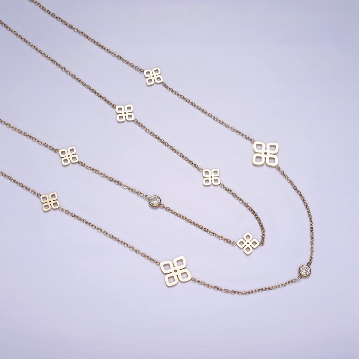 Stainless Steel Open Multiple Quatrefoil Double Clear CZ Cable Double Layer Chain Stack Necklace | WA-2069 Clearance Pricing